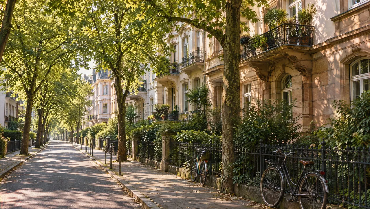 A linden-lined street in Frankfurt in summer light