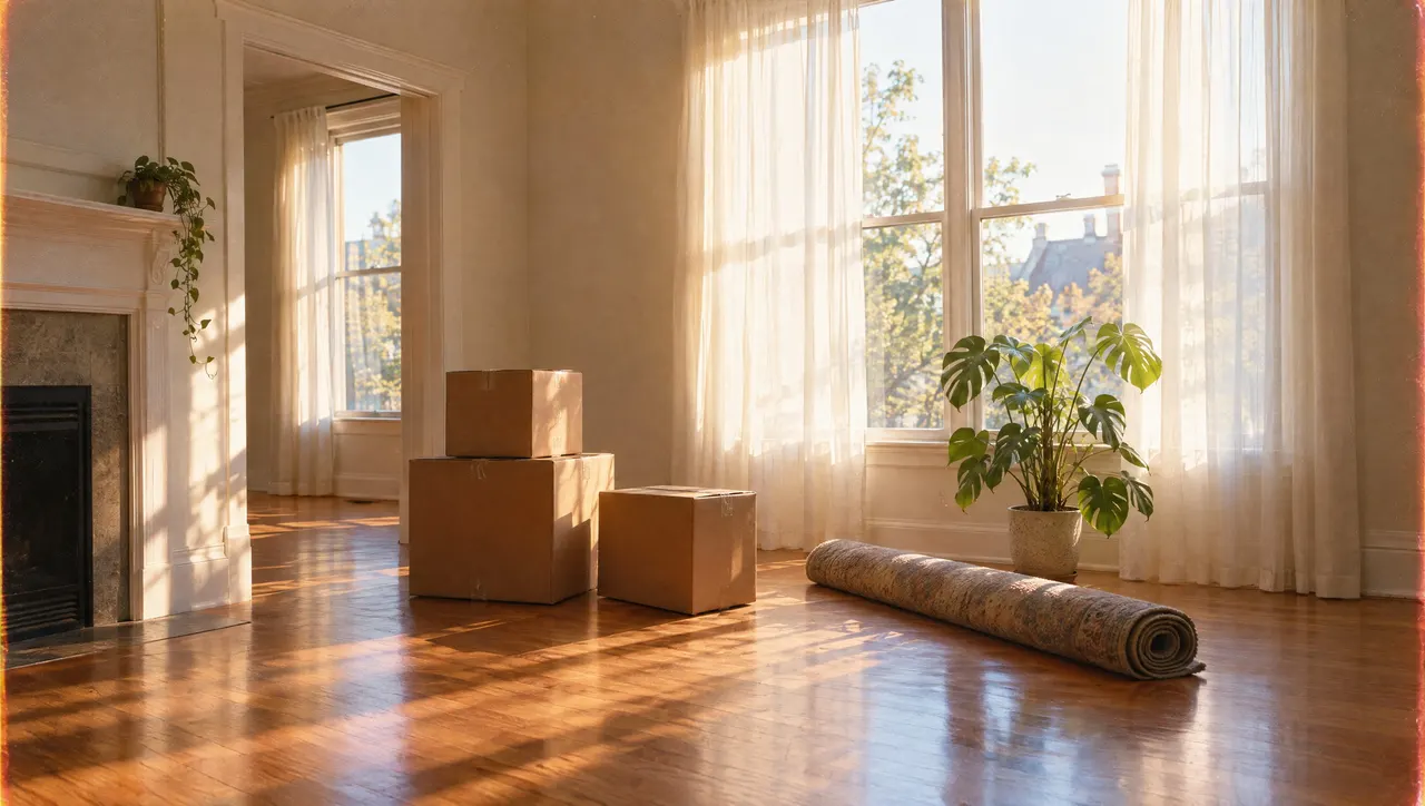 A sunlit living room on moving day