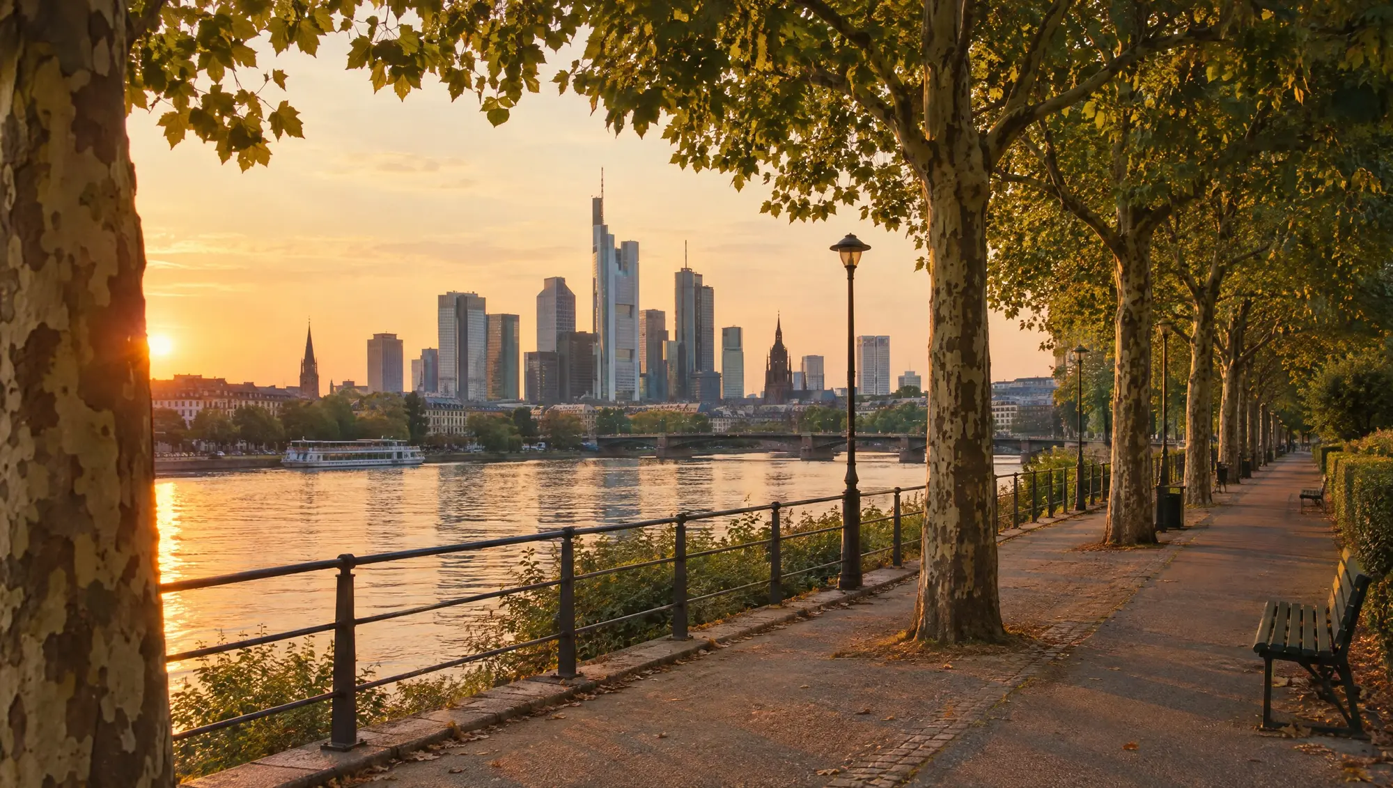 The Main riverbank in Frankfurt on a summer evening